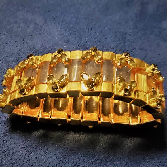 Jewelry - Vintage Lucite Peach Gold Tone Rectangular Link Jeweled Bracelet